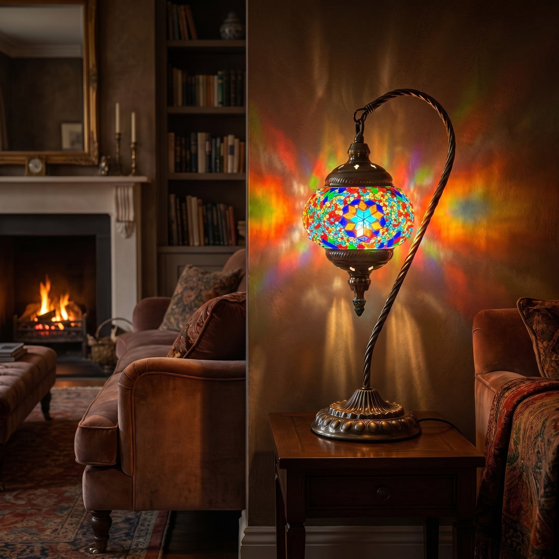 Handcrafted Colorful Swan Neck Mosaic Night Lamp mosaic glass table lamp — glowing against a deep charcoal background