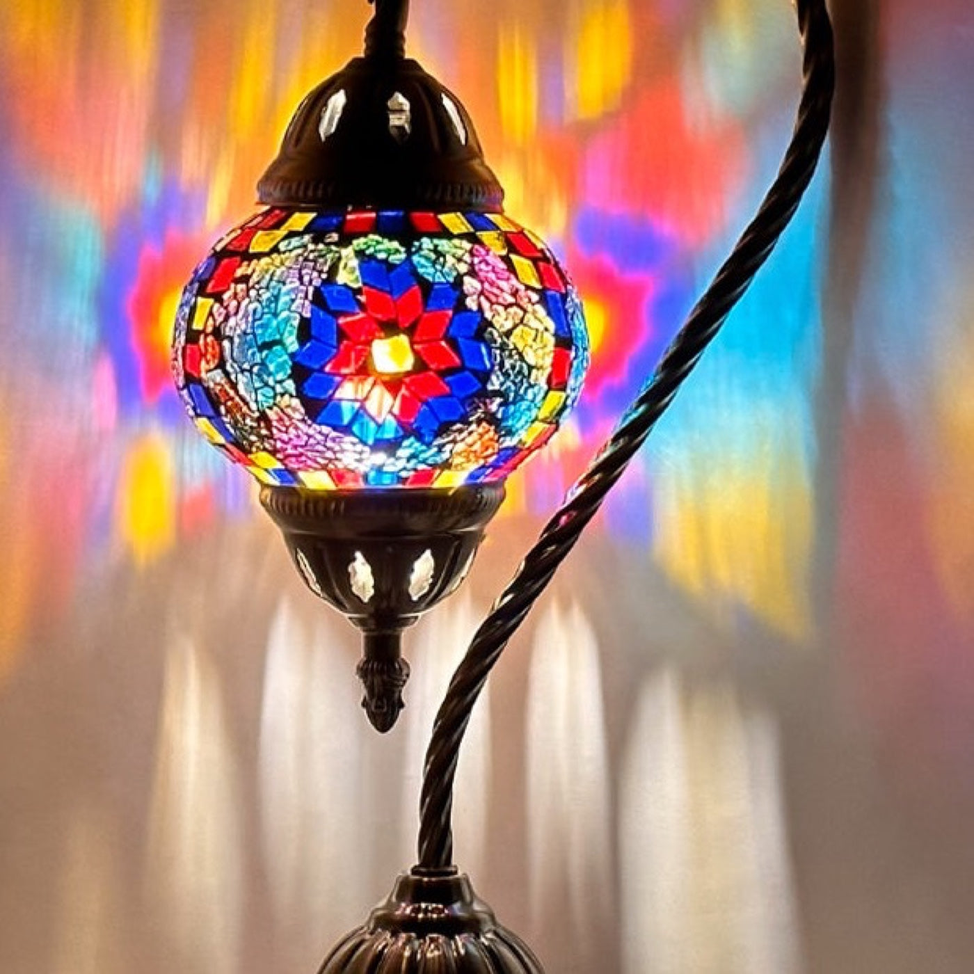 Hot Blue Turkish Mosaic Lamps with Swan Neck Style mosaic glass table lamp — close-up of the hand-cut mosaic glass
