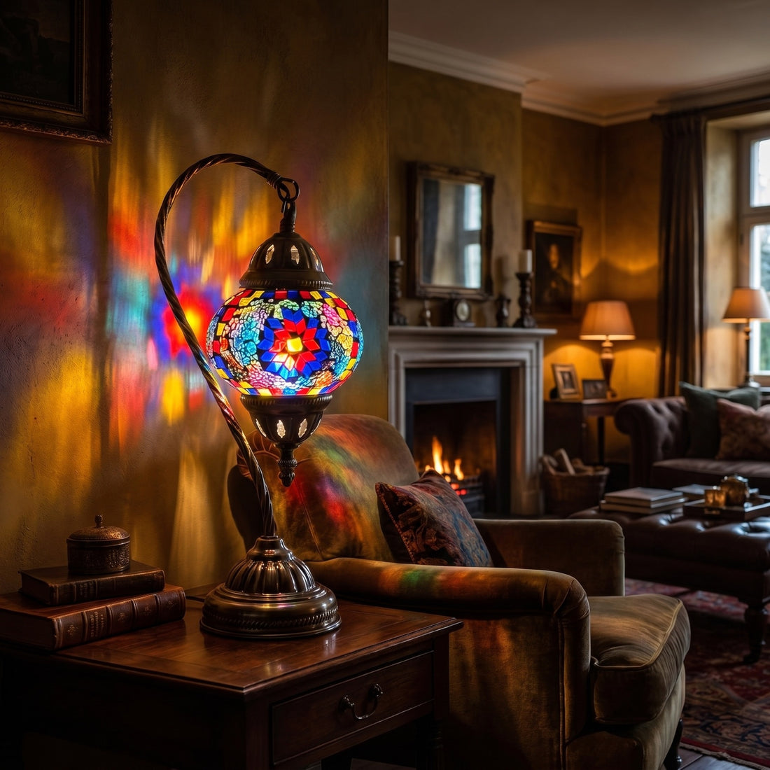 Hot Blue Turkish Mosaic Lamps with Swan Neck Style mosaic glass table lamp — glowing against a deep charcoal background