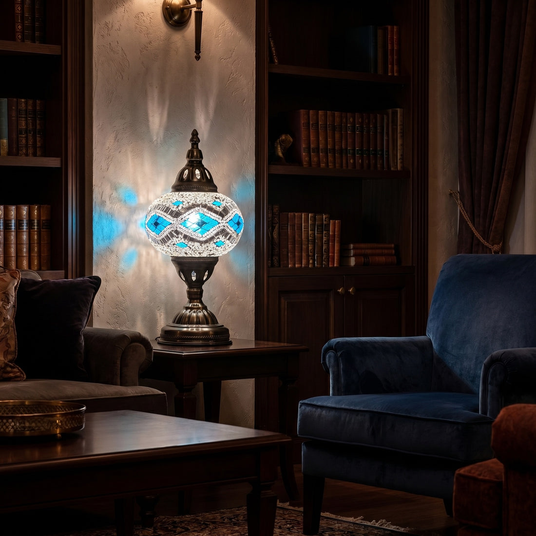 Icy Elegance mosaic glass table lamp — glowing against a deep charcoal background
