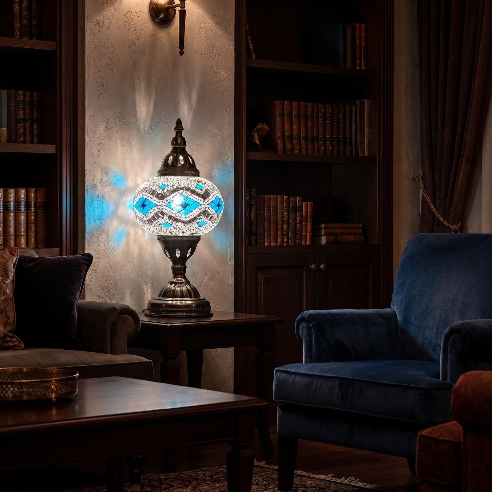 Icy Elegance mosaic glass table lamp — glowing in a warm, dimly-lit evening room