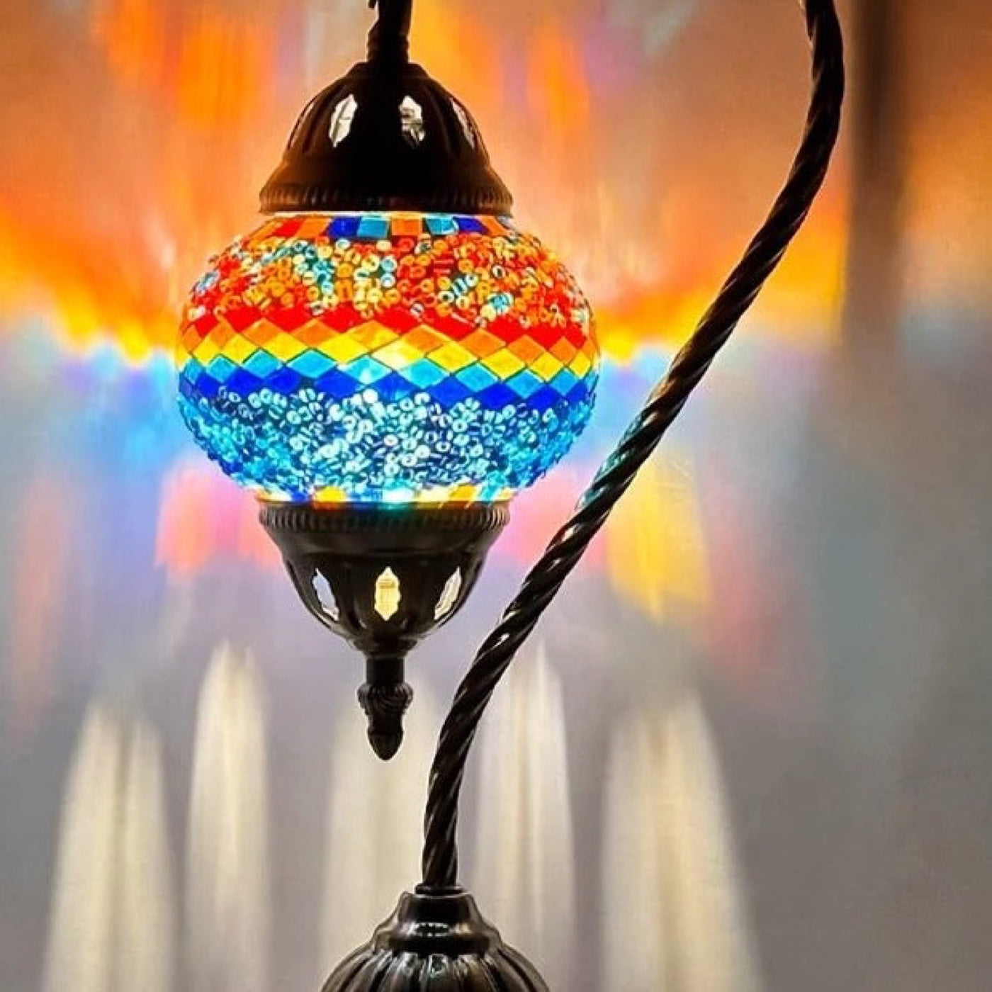 Iridescent Swan Neck mosaic glass table lamp — close-up of the hand-cut mosaic glass