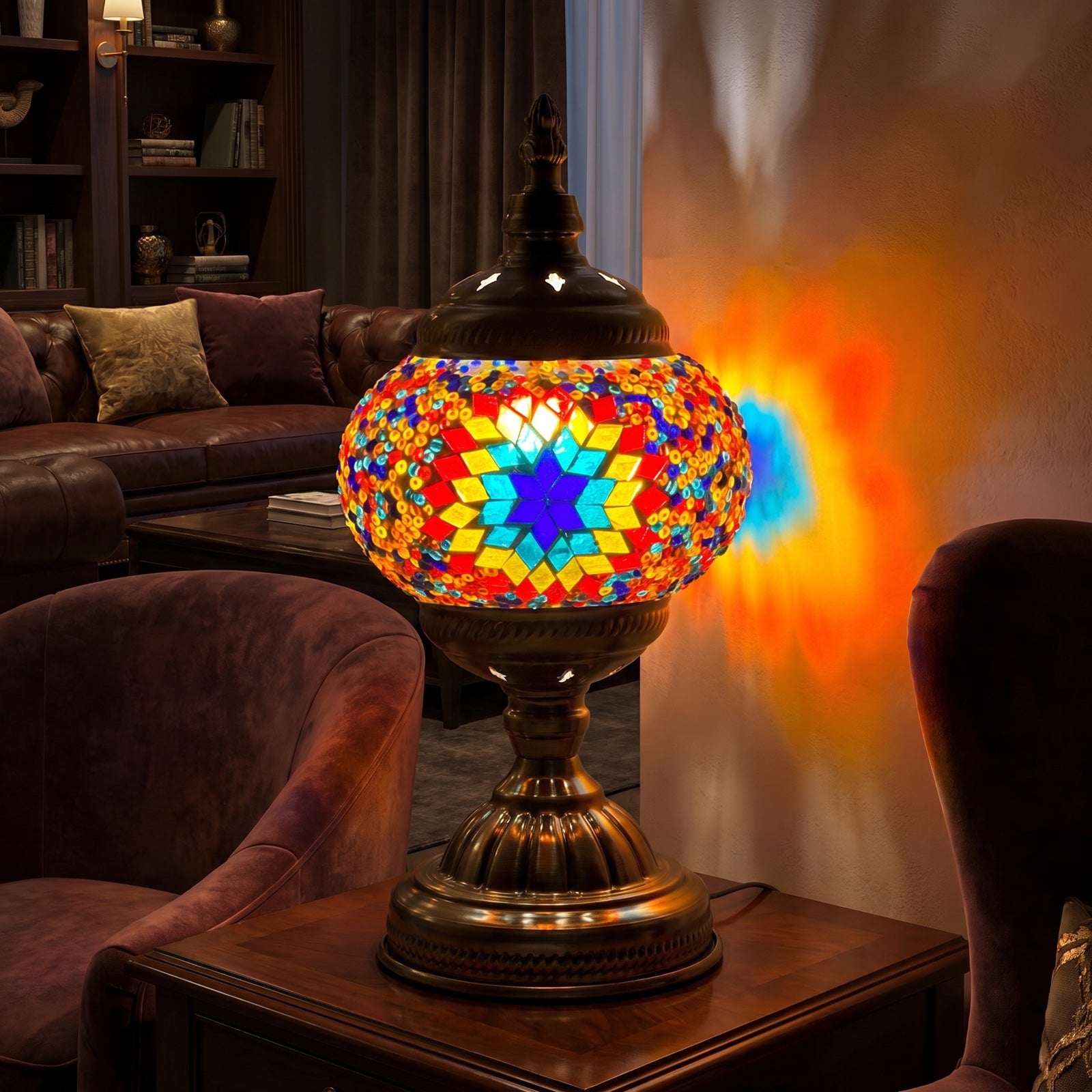 Kaleidoscope Dreams mosaic glass table lamp — glowing in a warm, dimly-lit evening room