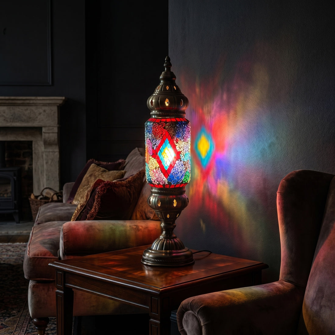 Kaleidoscope Vision mosaic glass table lamp — glowing against a deep charcoal background