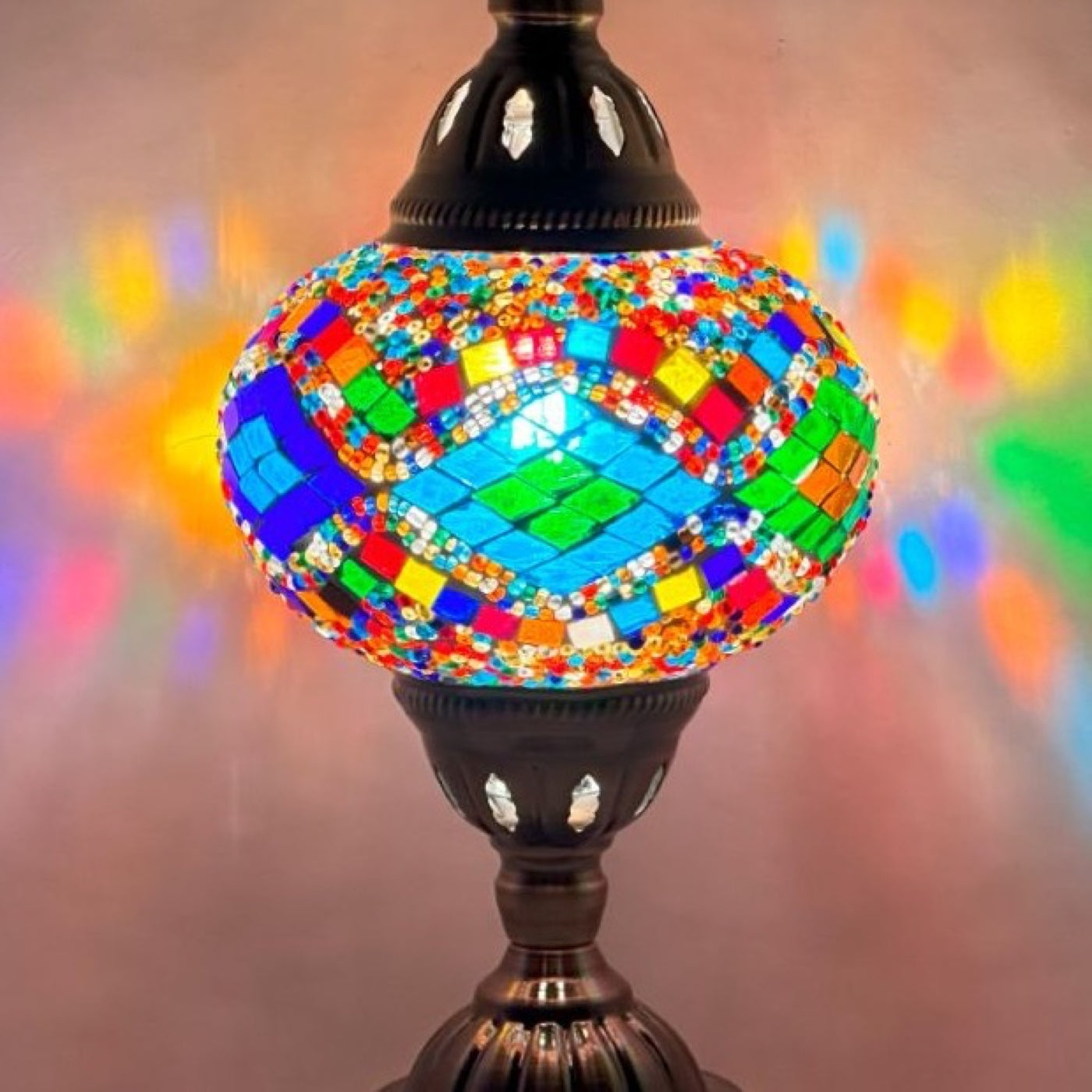 Kaleidoscopic Diamond Road mosaic glass table lamp — close-up of the hand-cut mosaic glass