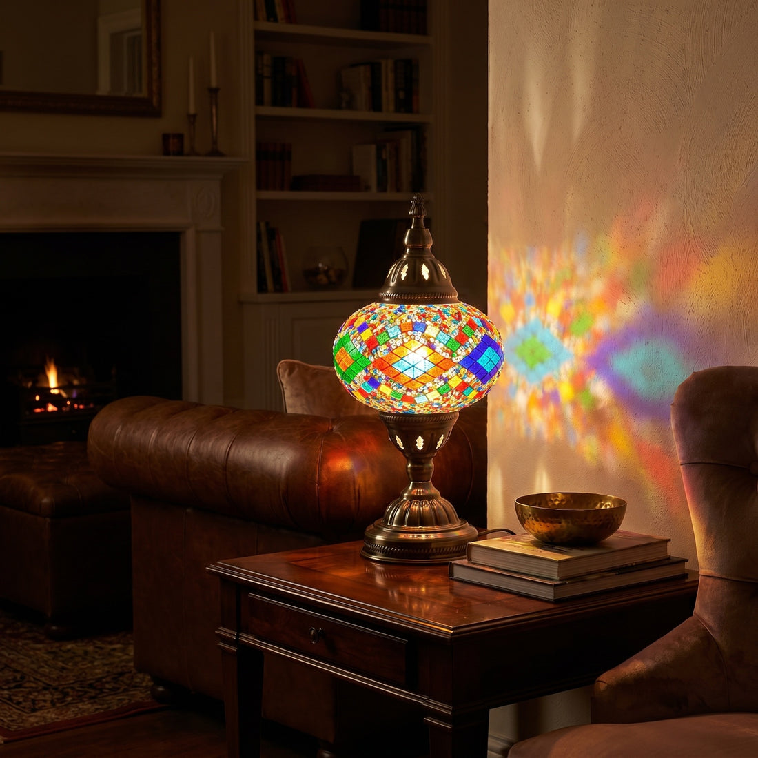 Kaleidoscopic Diamond Road mosaic glass table lamp — glowing against a deep charcoal background