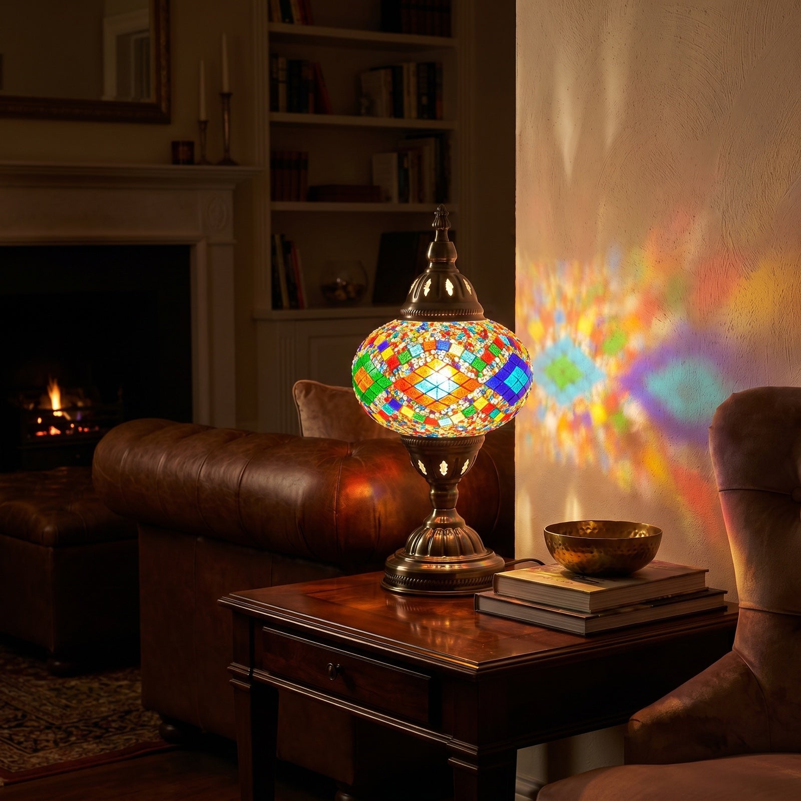 Kaleidoscopic Diamond Road mosaic glass table lamp — glowing in a warm, dimly-lit evening room