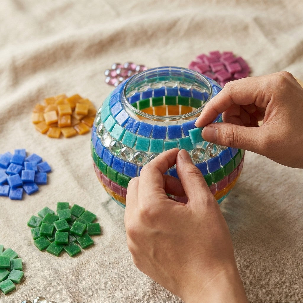 [kitgal] Setting mosaic glass tiles onto the globe by hand