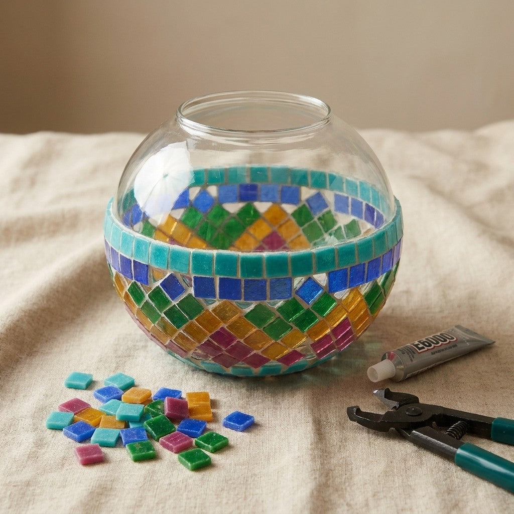 [kitgal] A mosaic lamp globe half finished, showing work in progress