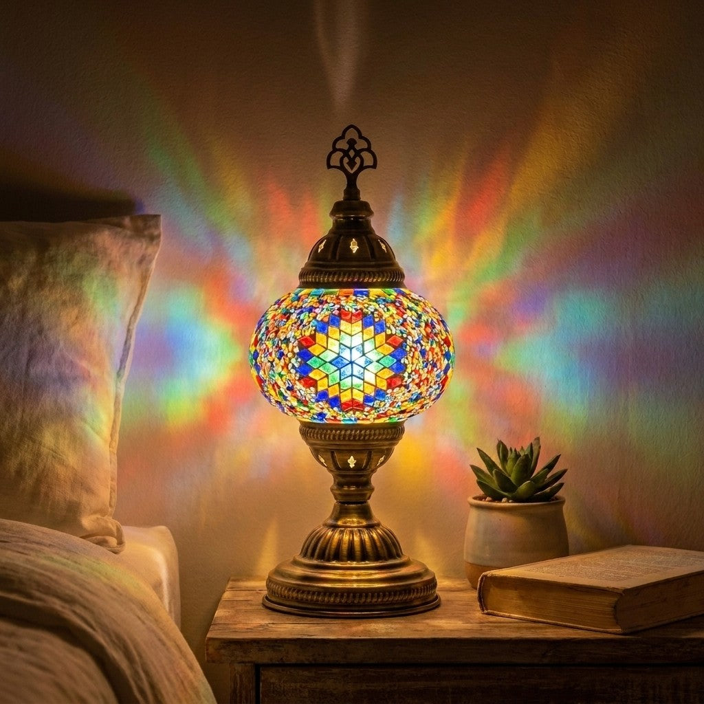 [kitgal] The finished mosaic lamp lit on a bedside table