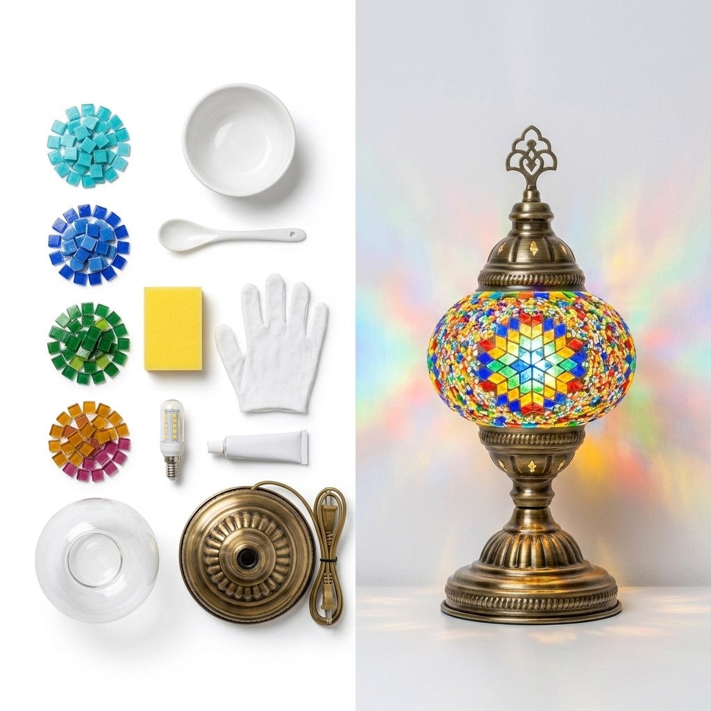 [kitgal] Round ball mosaic lamp kit contents beside the finished lit lamp