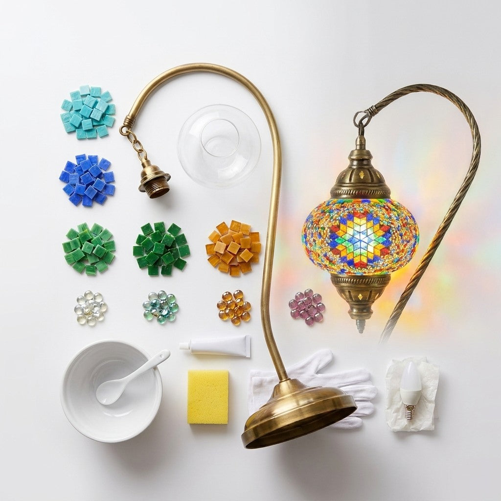 [kitgal] Swan neck mosaic lamp kit contents beside the finished lit lamp