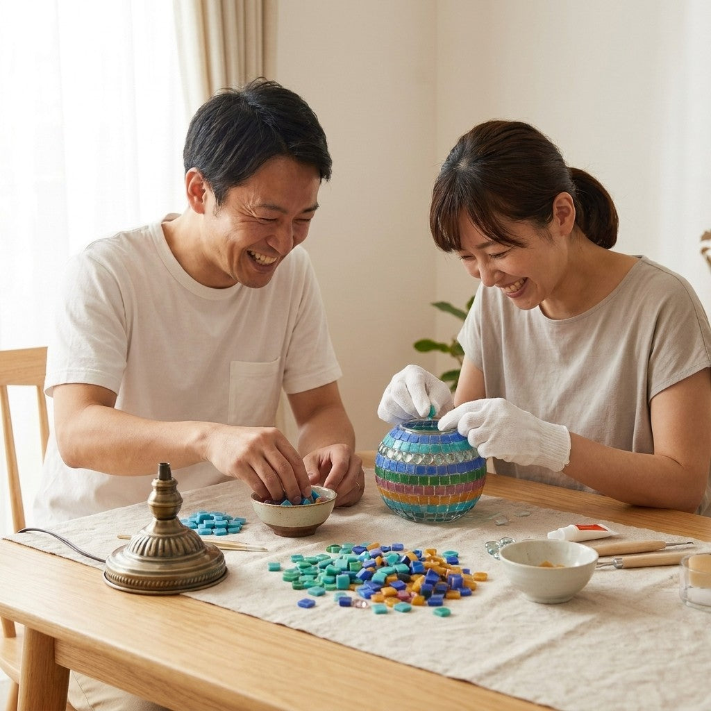 [kitgal] Two people building a mosaic lamp kit together at a table