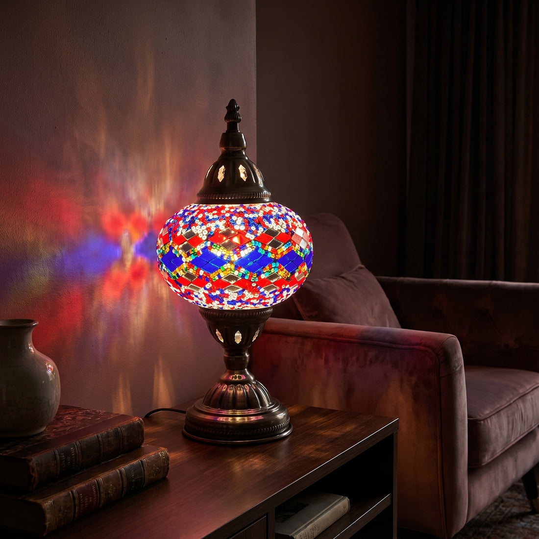 Lavender Twilight mosaic glass table lamp — glowing against a deep charcoal background