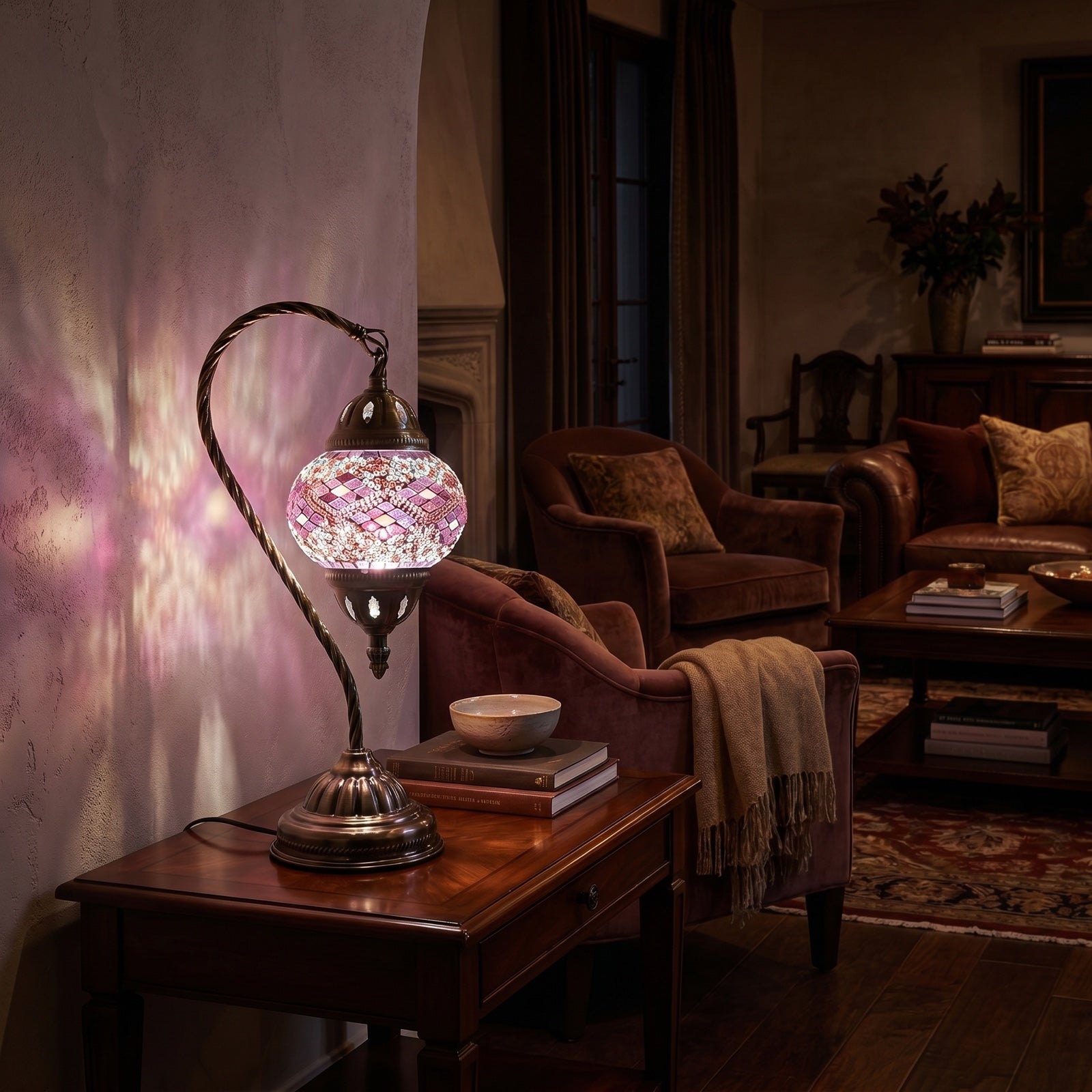 Lavender Whisper mosaic glass table lamp — glowing in a warm, dimly-lit evening room