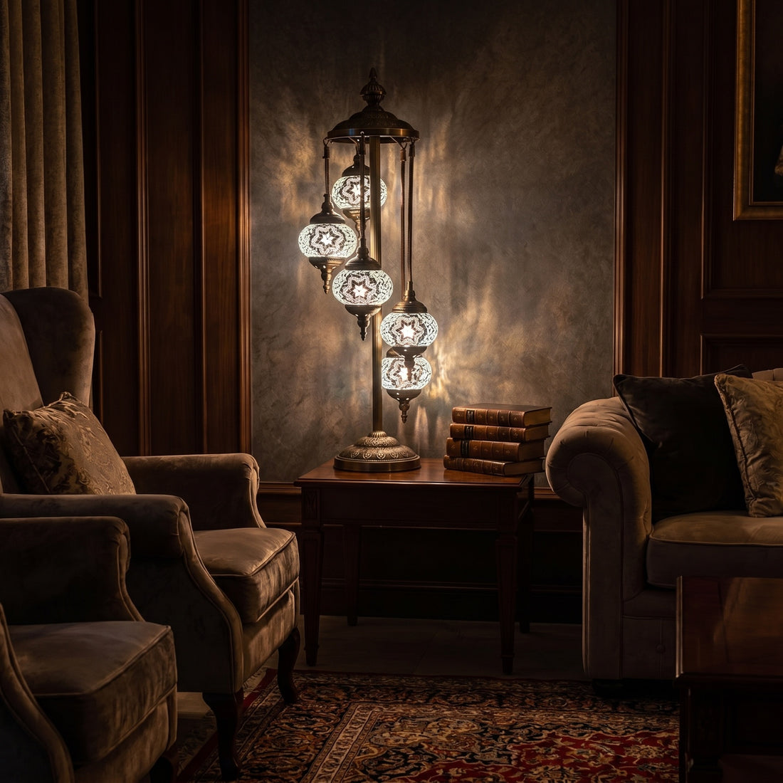 Lunar Glow mosaic glass table lamp — glowing against a deep charcoal background
