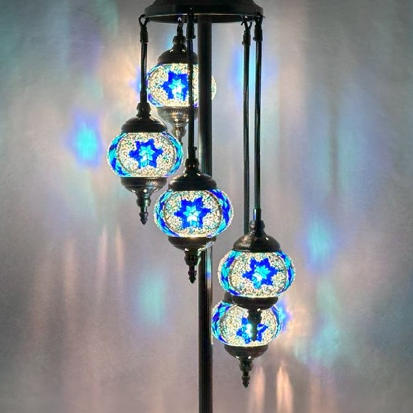 Majestic Blue Turkish Floor Lamp with 5 Mosaic Globes mosaic glass table lamp — close-up of the hand-cut mosaic glass