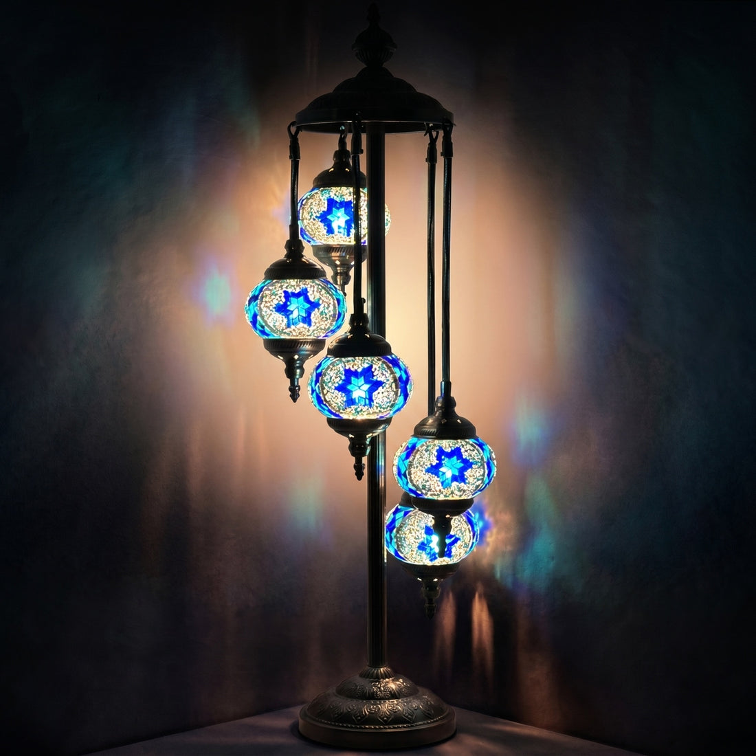 Majestic Blue Turkish Floor Lamp with 5 Mosaic Globes mosaic glass table lamp — glowing against a deep charcoal background