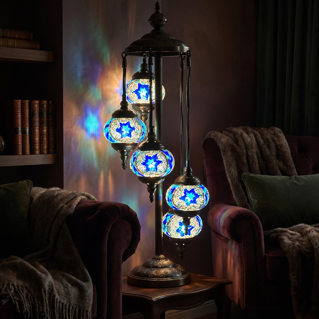 Majestic Blue Turkish Floor Lamp with 5 Mosaic Globes mosaic glass table lamp — glowing against a deep charcoal background