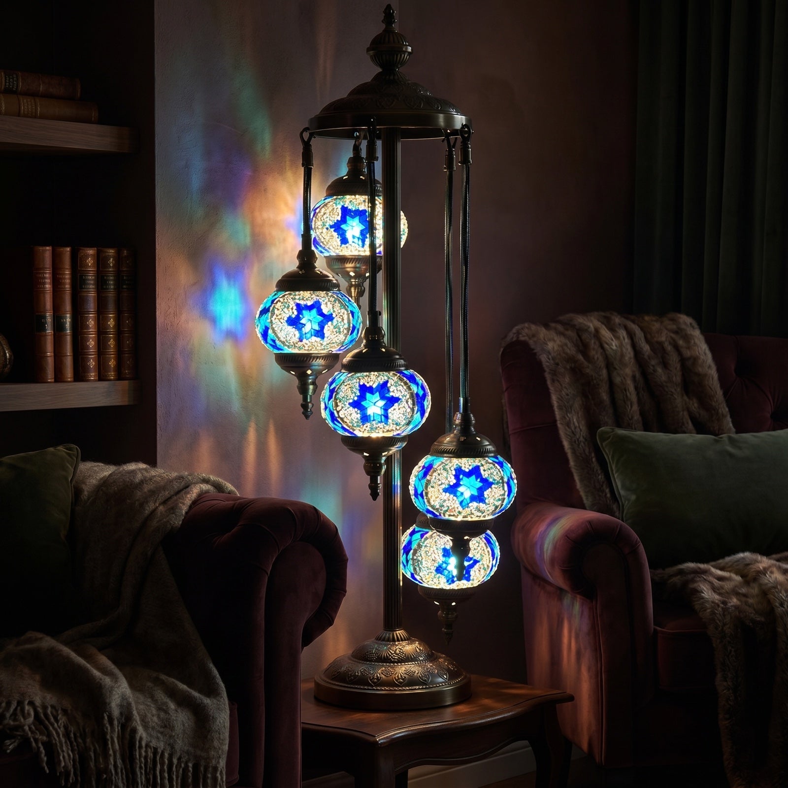 Majestic Blue Turkish Floor Lamp with 5 Mosaic Globes mosaic glass table lamp — glowing in a warm, dimly-lit evening room