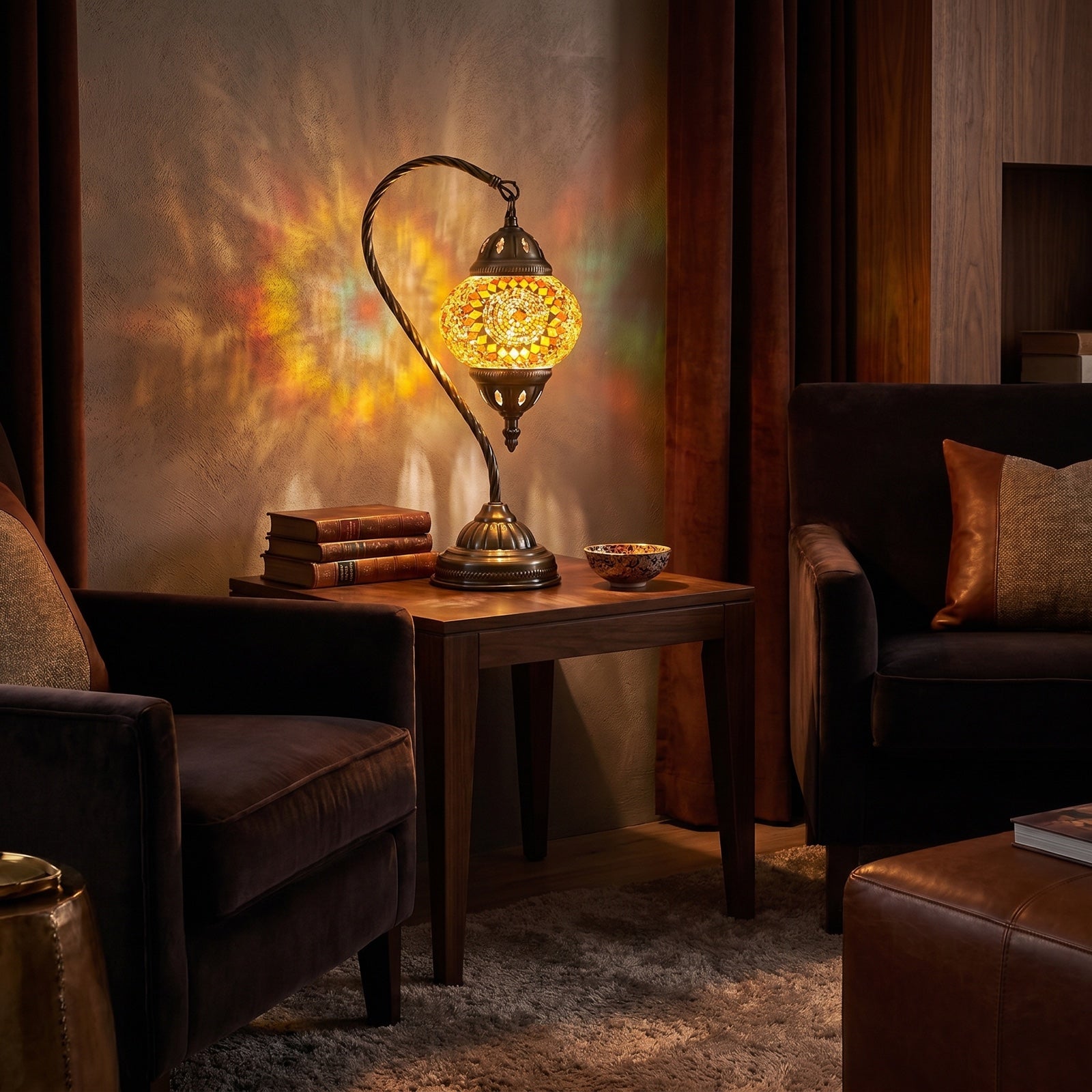 Marrakech Nights mosaic glass table lamp — glowing in a warm, dimly-lit evening room