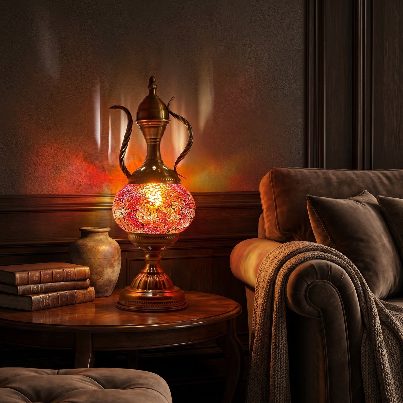 Mediterranean Allure mosaic glass table lamp — glowing in a warm, dimly-lit evening room
