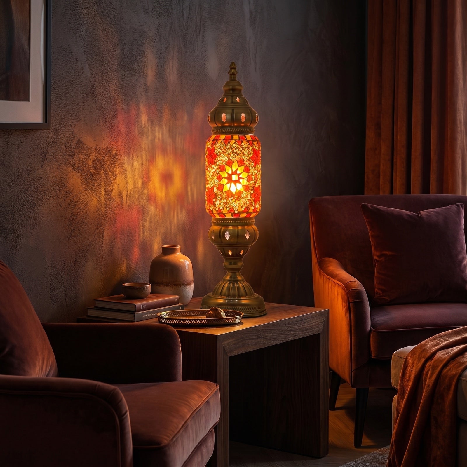 Mediterranean Allure mosaic glass table lamp — glowing in a warm, dimly-lit evening room