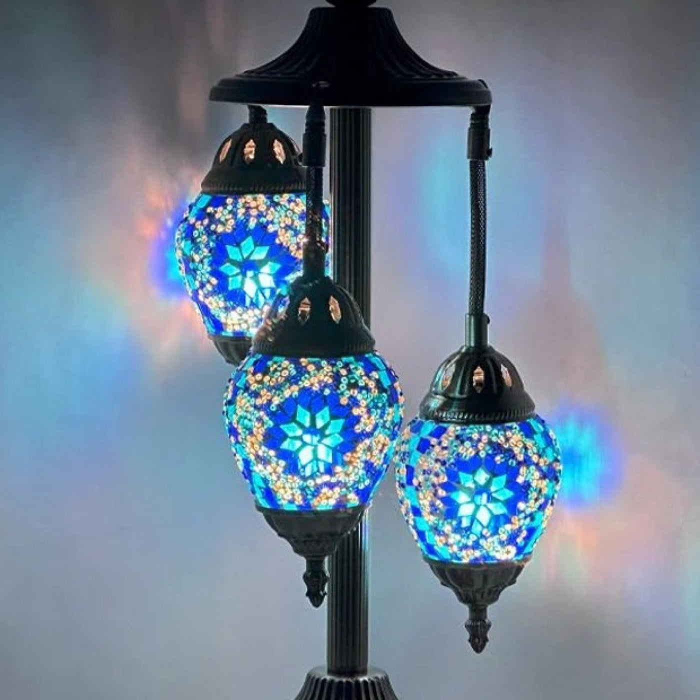Midnight Blue Cosmos Egg mosaic glass table lamp — close-up of the hand-cut mosaic glass