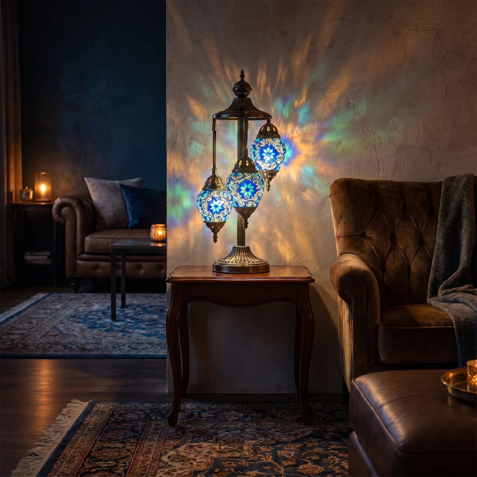 Midnight Blue Cosmos Egg mosaic glass table lamp — glowing in a warm, dimly-lit evening room
