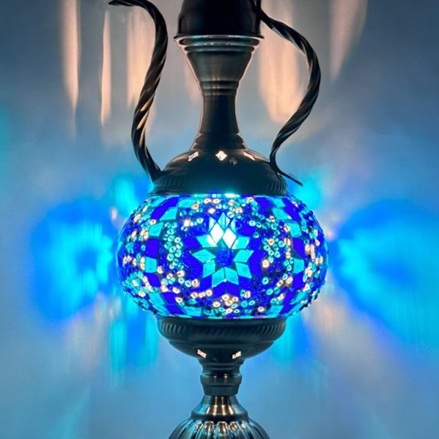 Midnight Blue Turkish Lamp with Pitcher Design mosaic glass table lamp — close-up of the hand-cut mosaic glass