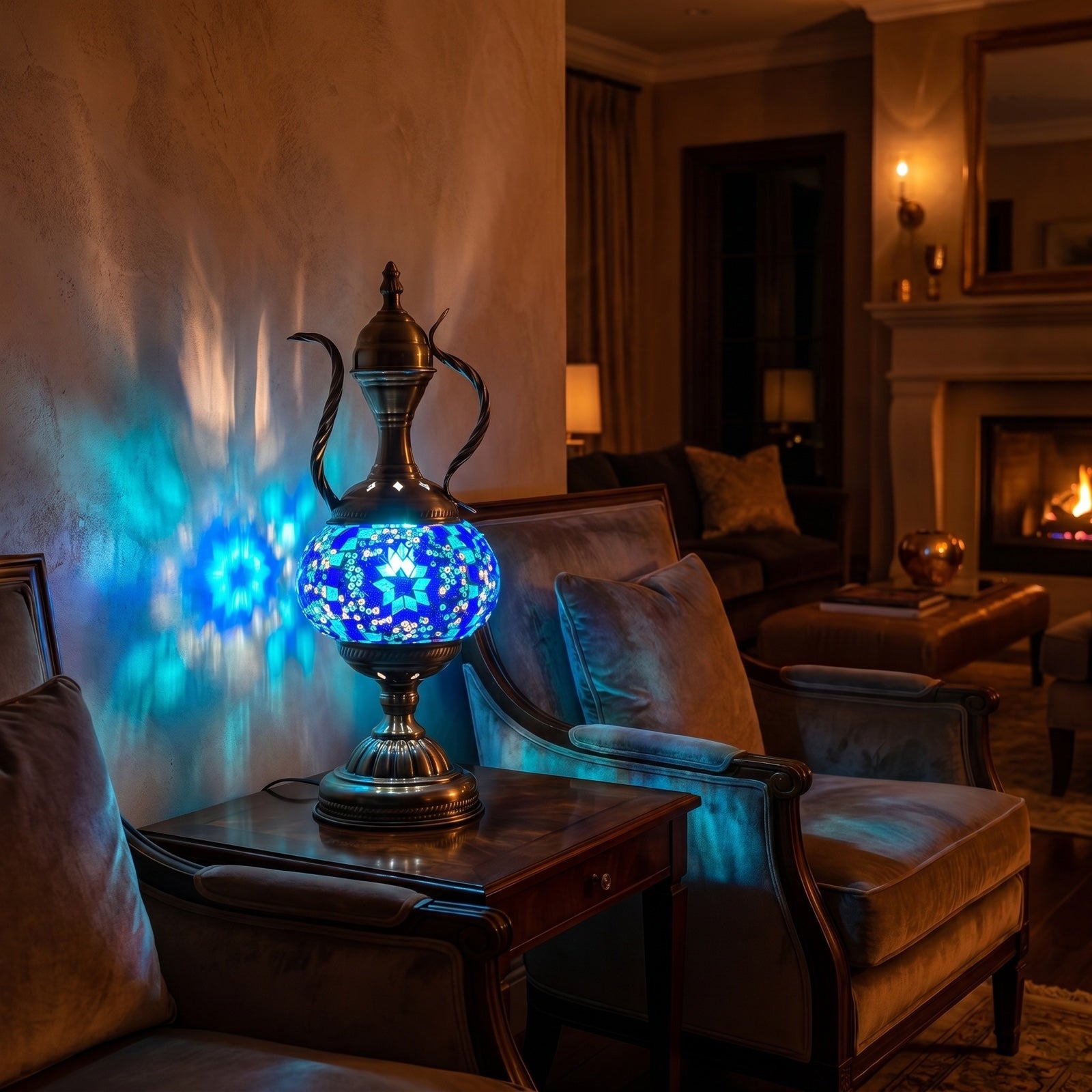 Midnight Blue Turkish Lamp with Pitcher Design mosaic glass table lamp — glowing in a warm, dimly-lit evening room