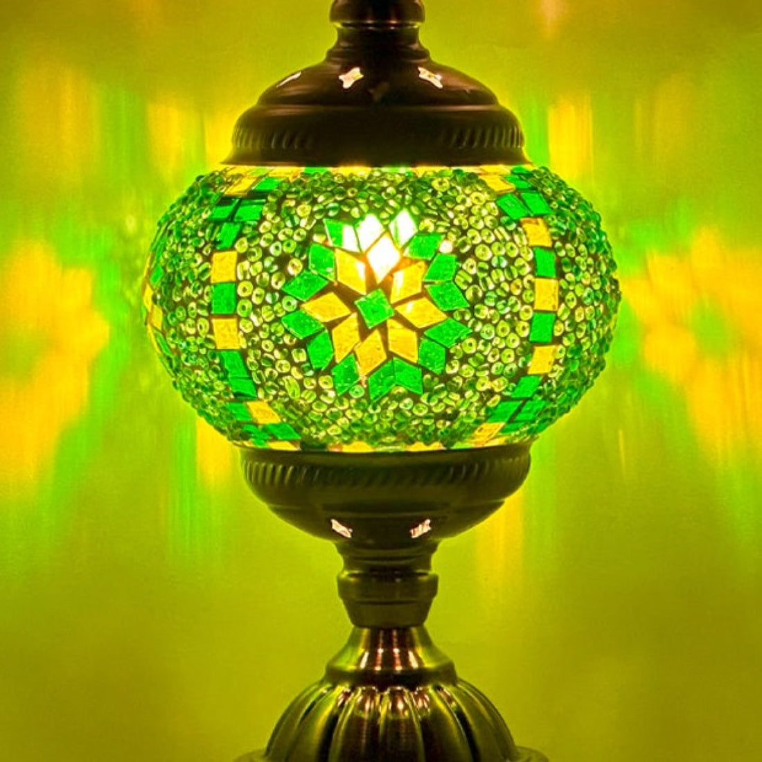 Mint Green Flower Moroccan Mosaic Lamp mosaic glass table lamp — glowing against a deep charcoal background