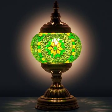Mint Green Flower Moroccan Mosaic Lamp mosaic glass table lamp — glowing against a deep charcoal background