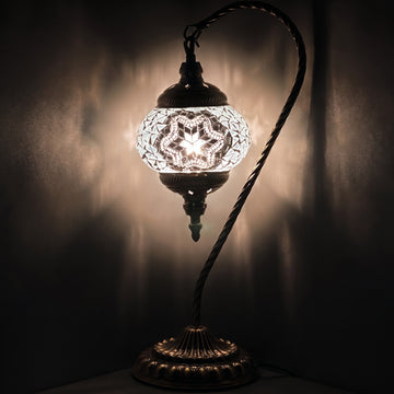 Moonlight Elegance mosaic glass table lamp — glowing against a deep charcoal background