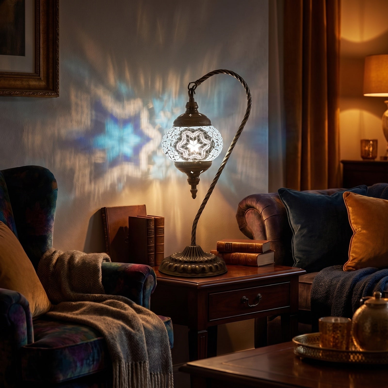 Moonlight Elegance mosaic glass table lamp — glowing in a warm, dimly-lit evening room