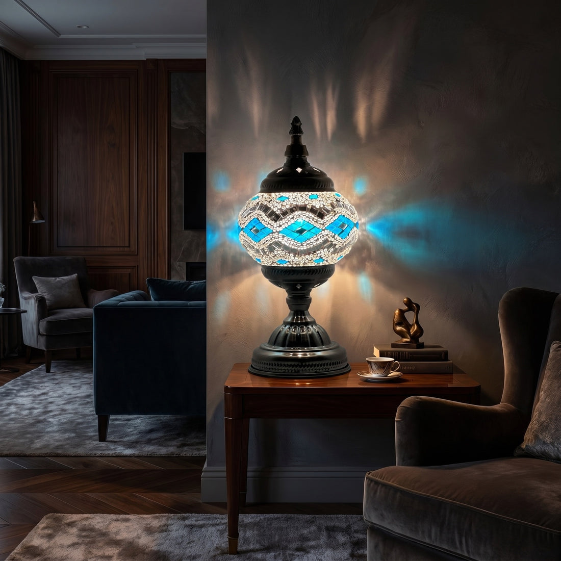Moonlit Silver Blue mosaic glass table lamp — glowing against a deep charcoal background