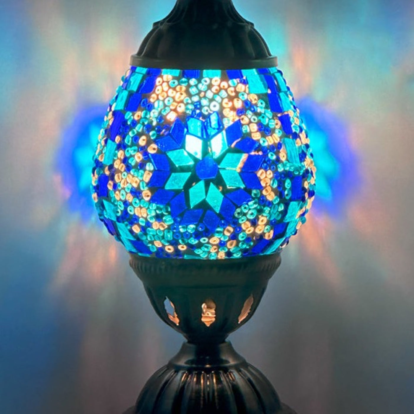 Moroccan Blue Flower Mosaic Table Lamp mosaic glass table lamp — close-up of the hand-cut mosaic glass