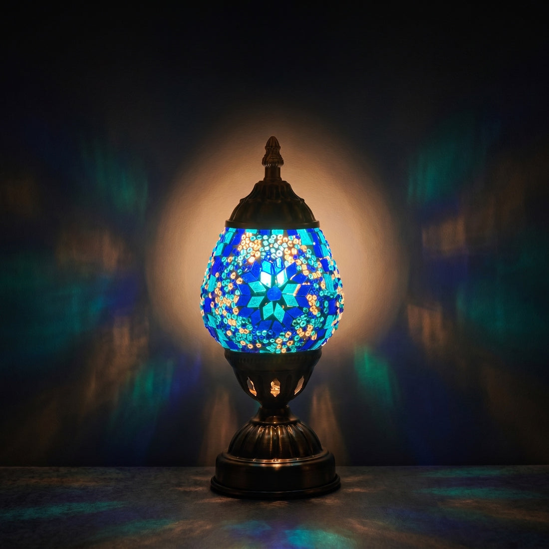 Moroccan Blue Flower Mosaic Table Lamp mosaic glass table lamp — glowing against a deep charcoal background