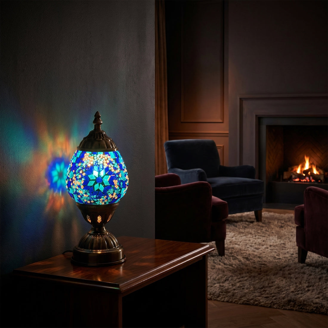 Moroccan Blue Flower Mosaic Table Lamp mosaic glass table lamp — glowing against a deep charcoal background