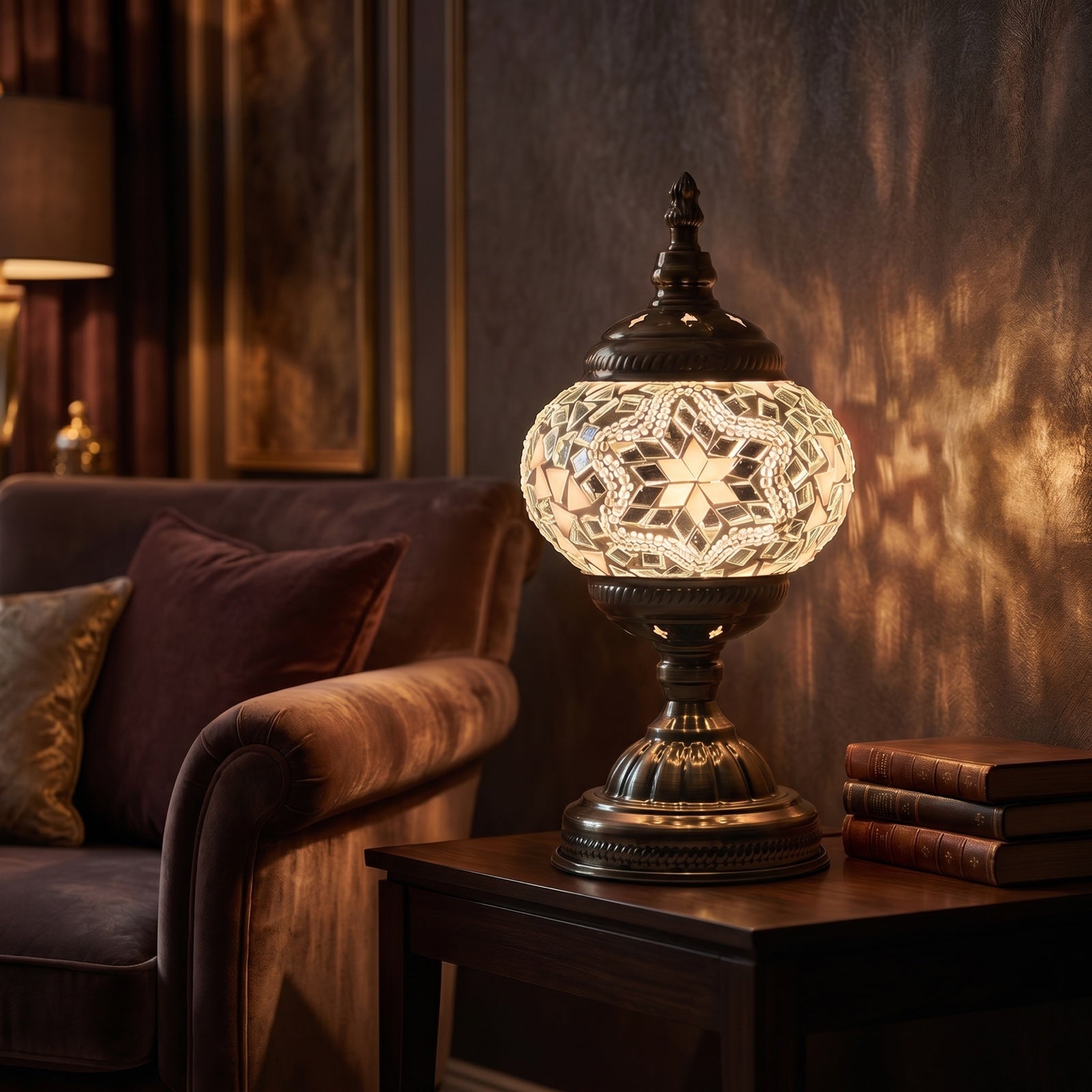 Moroccan Charm mosaic glass table lamp — glowing in a warm, dimly-lit evening room