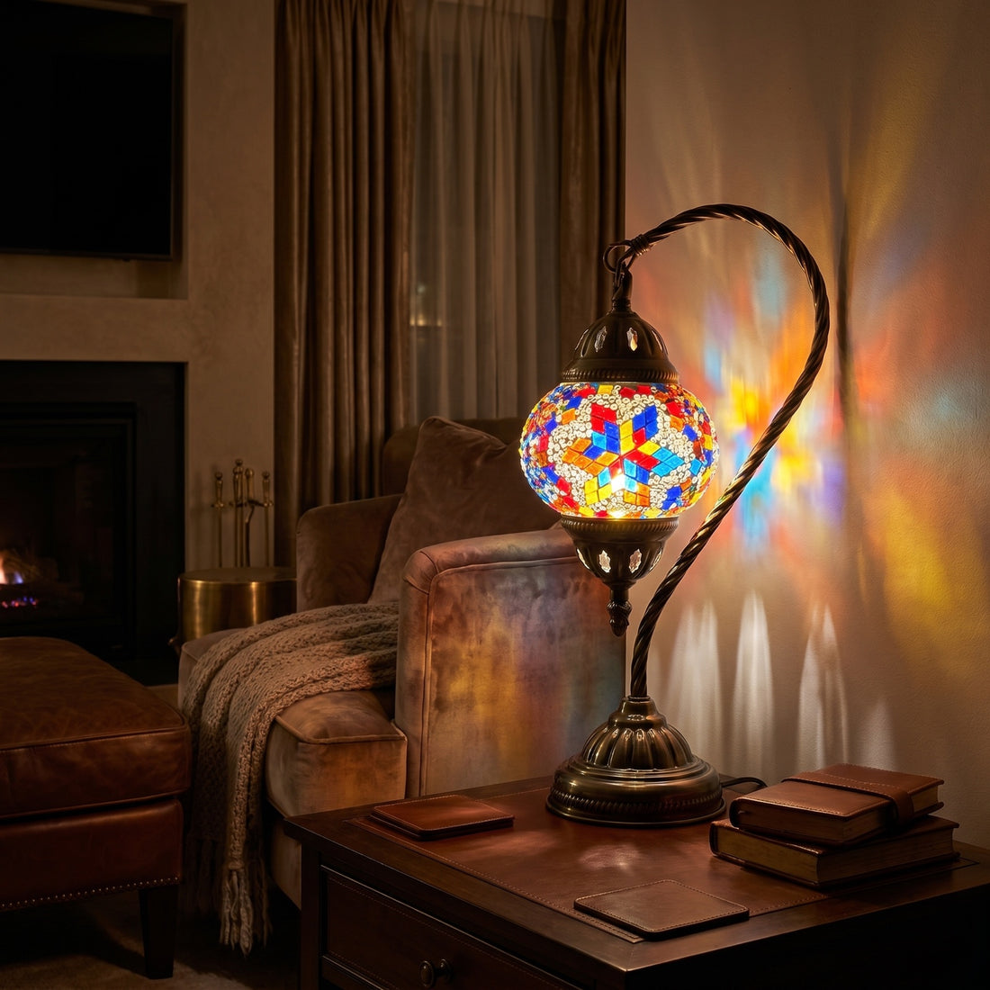 Moroccan Essence mosaic glass table lamp — glowing against a deep charcoal background