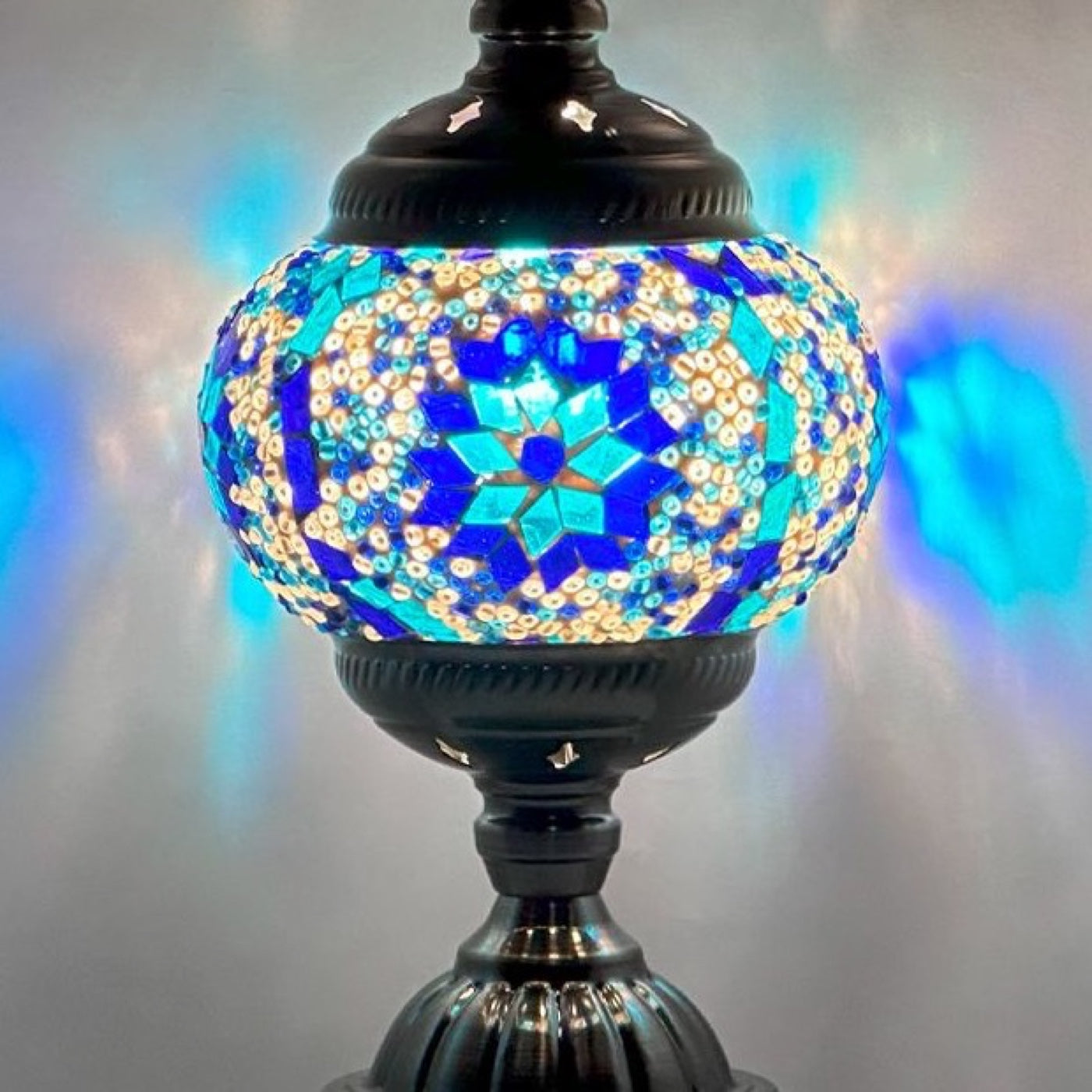 Moroccan mosaic glass table lamp — close-up of the hand-cut mosaic glass