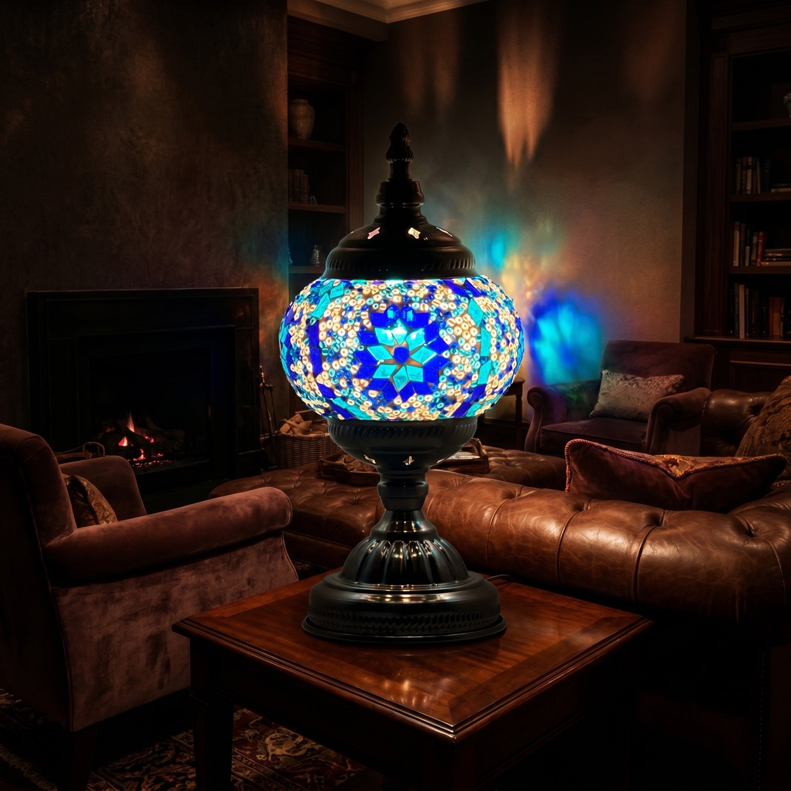 Moroccan mosaic glass table lamp — glowing in a warm, dimly-lit evening room