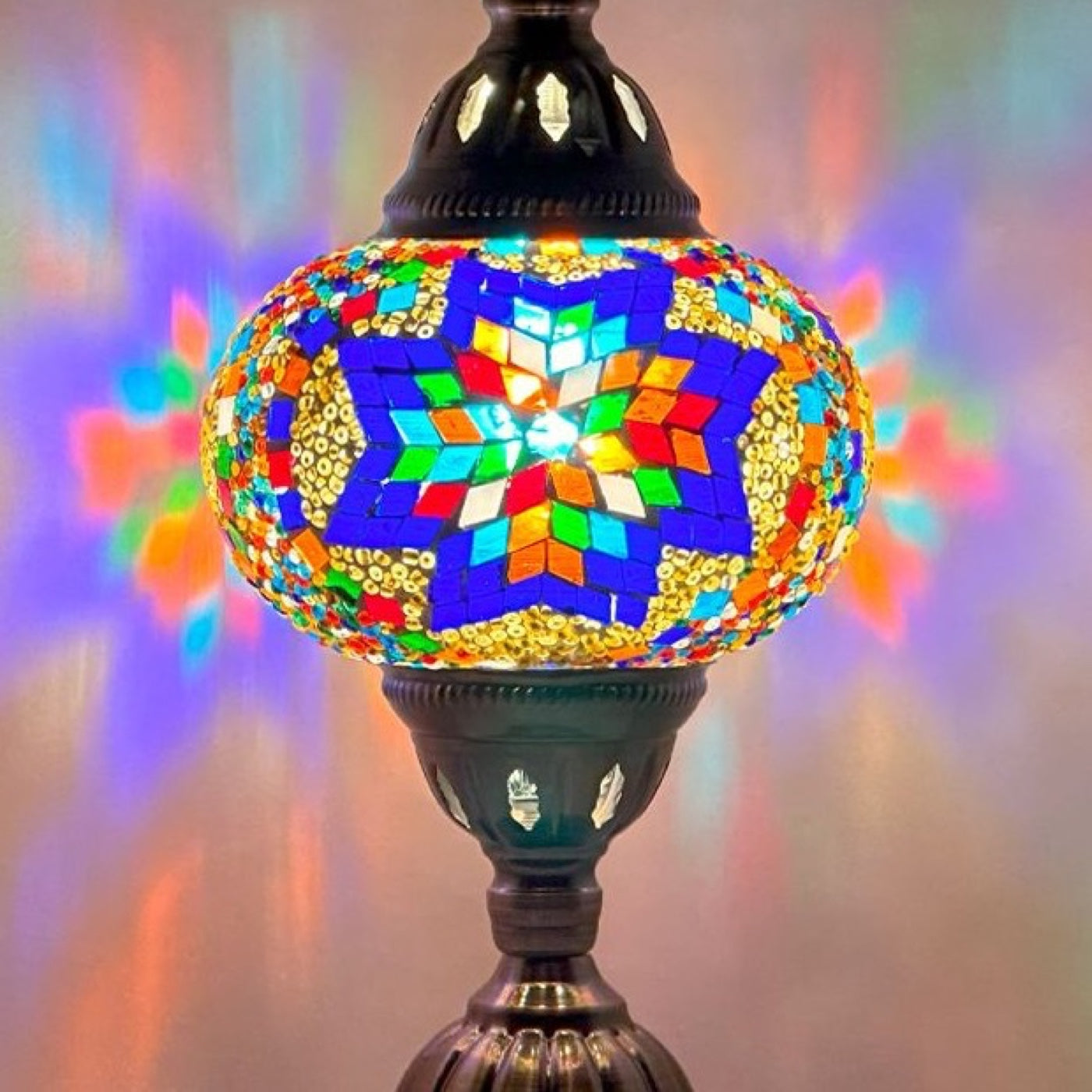Moroccan Sunset mosaic glass table lamp — close-up of the hand-cut mosaic glass