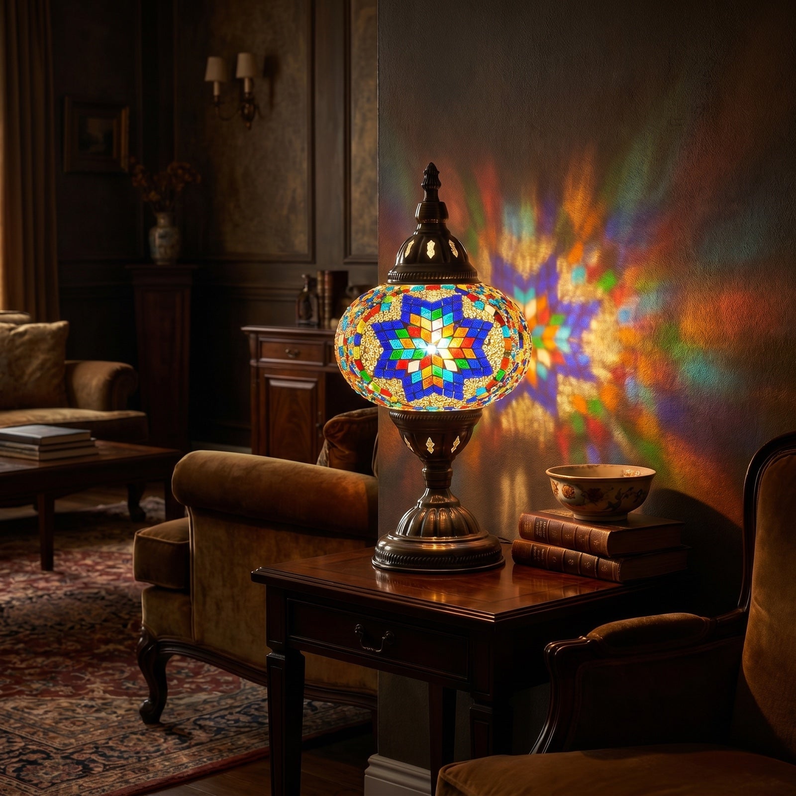 Moroccan Sunset mosaic glass table lamp — glowing in a warm, dimly-lit evening room