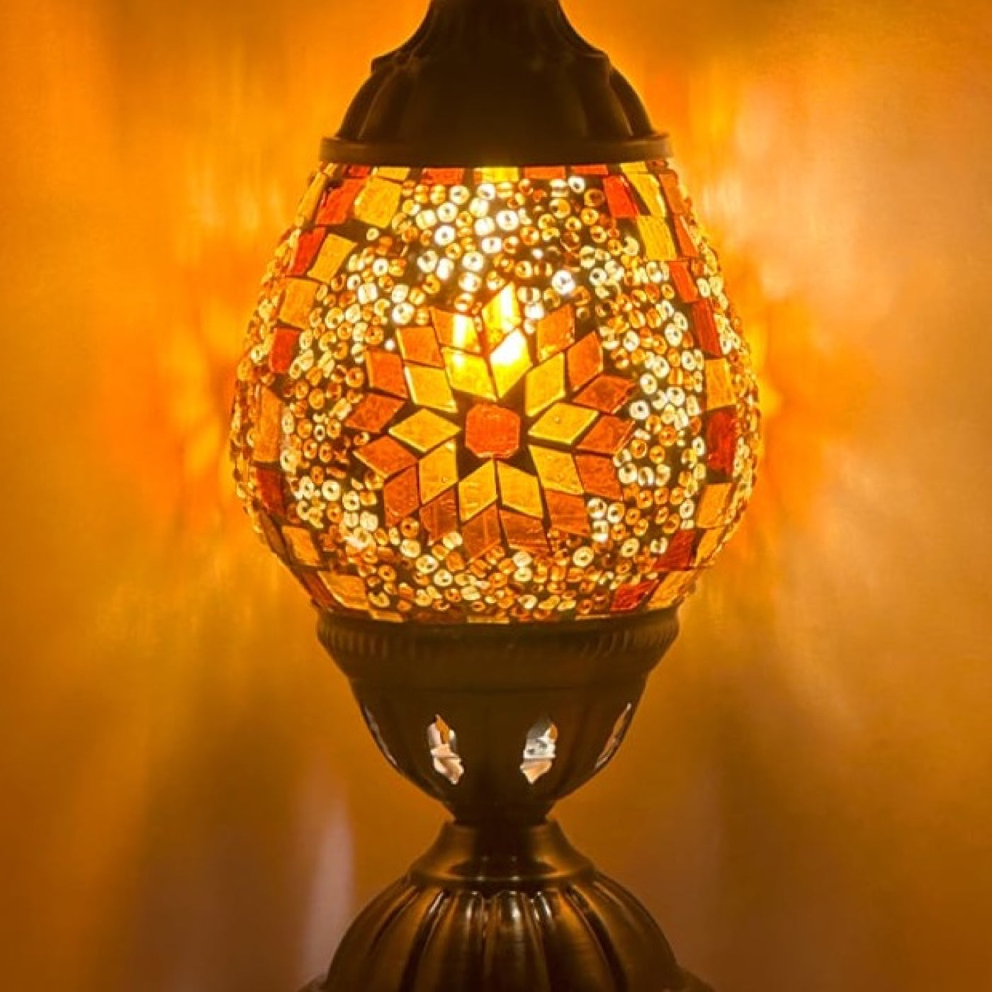 Mosaic Bedside Lamps with Bright Yellow colors mosaic glass table lamp — close-up of the hand-cut mosaic glass