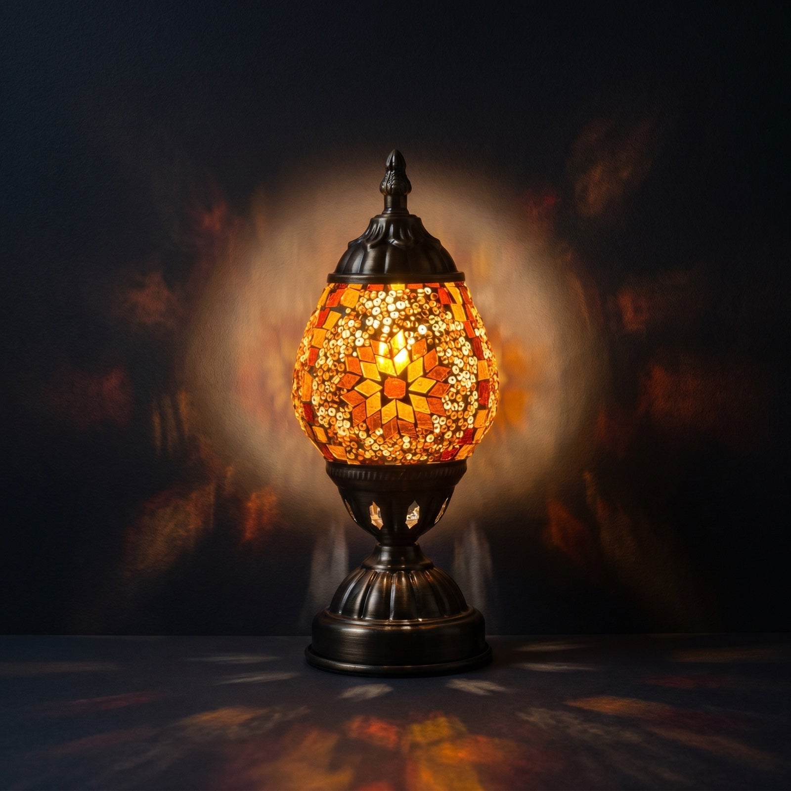 Mosaic Bedside Lamps with Bright Yellow colors mosaic glass table lamp — glowing against a deep charcoal background