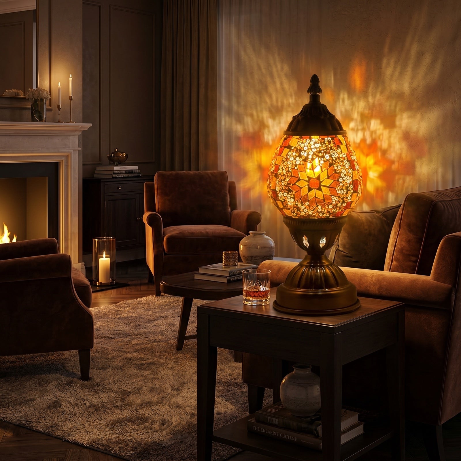 Mosaic Bedside Lamps with Bright Yellow colors mosaic glass table lamp — glowing in a warm, dimly-lit evening room