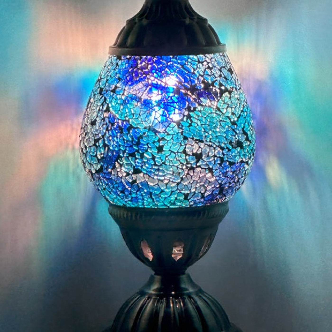 Mosaic Desk Lamp with Cosmic Blue mosaic glass table lamp — close-up of the hand-cut mosaic glass