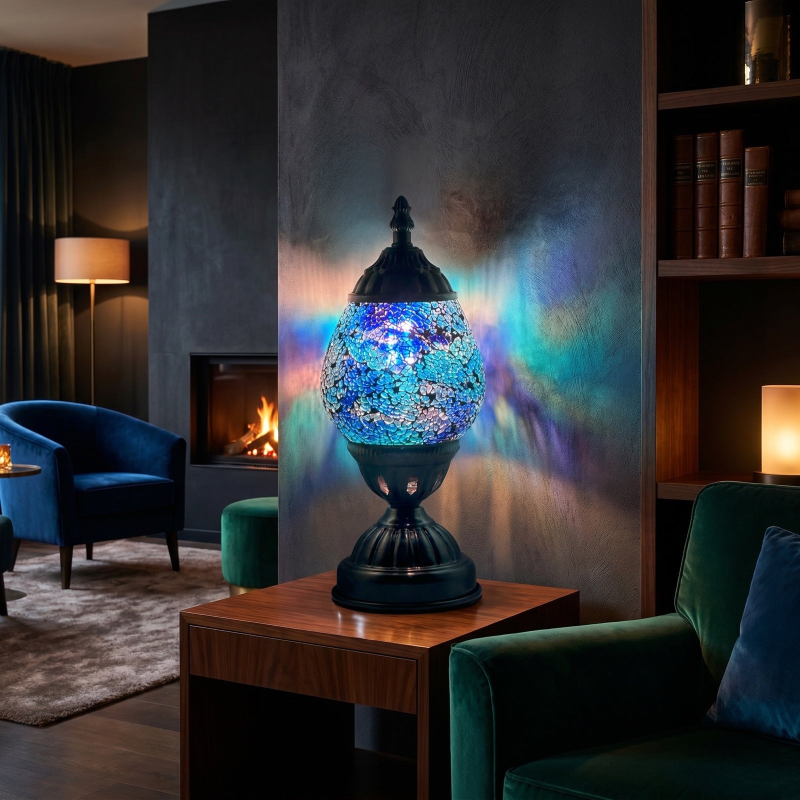 Mosaic Desk Lamp with Cosmic Blue mosaic glass table lamp — glowing in a warm, dimly-lit evening room